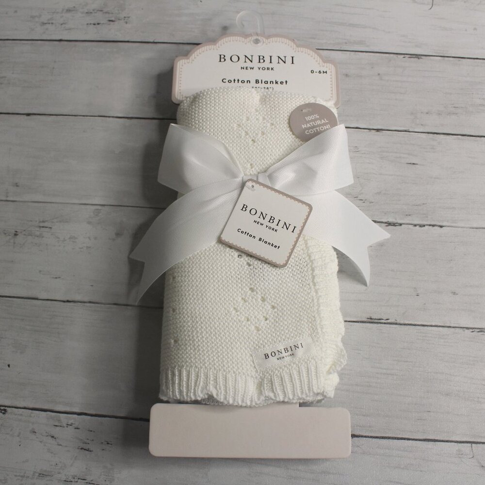 Bonbini Baby Crib Blanket 38 x 28 in 100% Cotton Knitted White